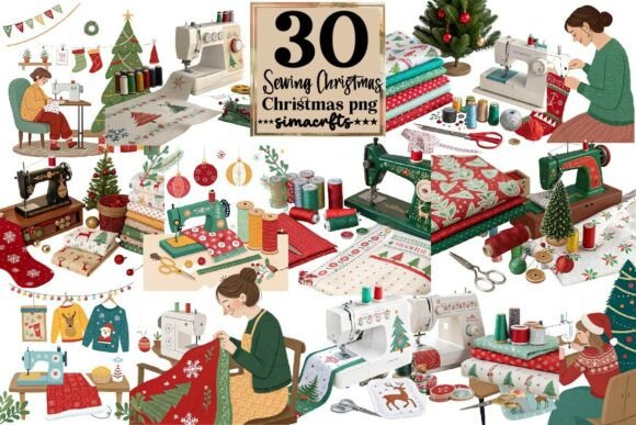 Christmas Sewing Machine PNG Bundle: A Quirky Graphic Design Asset for Crafts and Branding