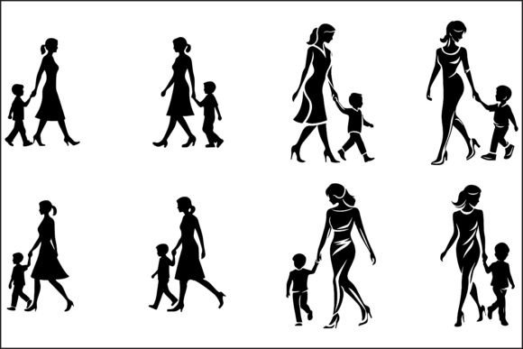Mother and Child Walking Silhouettes: A Versatile Graphic Design Asset for Crafts